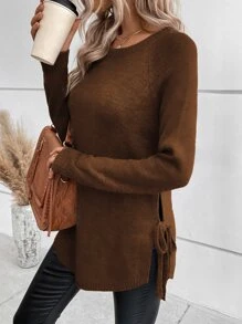 SHEIN LUNE Raglan Sleeve Knot Side Jumper - Brown - View 6