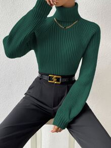 RosyDaze Turtleneck Raglan Sleeve Ribbed Knit Sweater,Long Sleeve Tops Knit Pullover Fall Winter Sweater - Dark Green - View 3