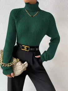 RosyDaze Turtleneck Raglan Sleeve Ribbed Knit Sweater,Long Sleeve Tops Knit Pullover Fall Winter Sweater - Dark Green - View 4