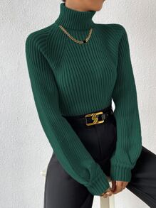 RosyDaze Turtleneck Raglan Sleeve Ribbed Knit Sweater,Long Sleeve Tops Knit Pullover Fall Winter Sweater - Dark Green - View 5