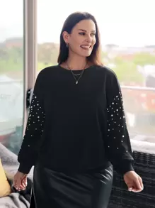 EMERY ROSE Plus Pearls Detail Drop Shoulder Sweatshirt - Black - View 1