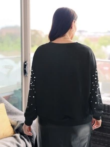 EMERY ROSE Plus Pearls Detail Drop Shoulder Sweatshirt - Black - View 2