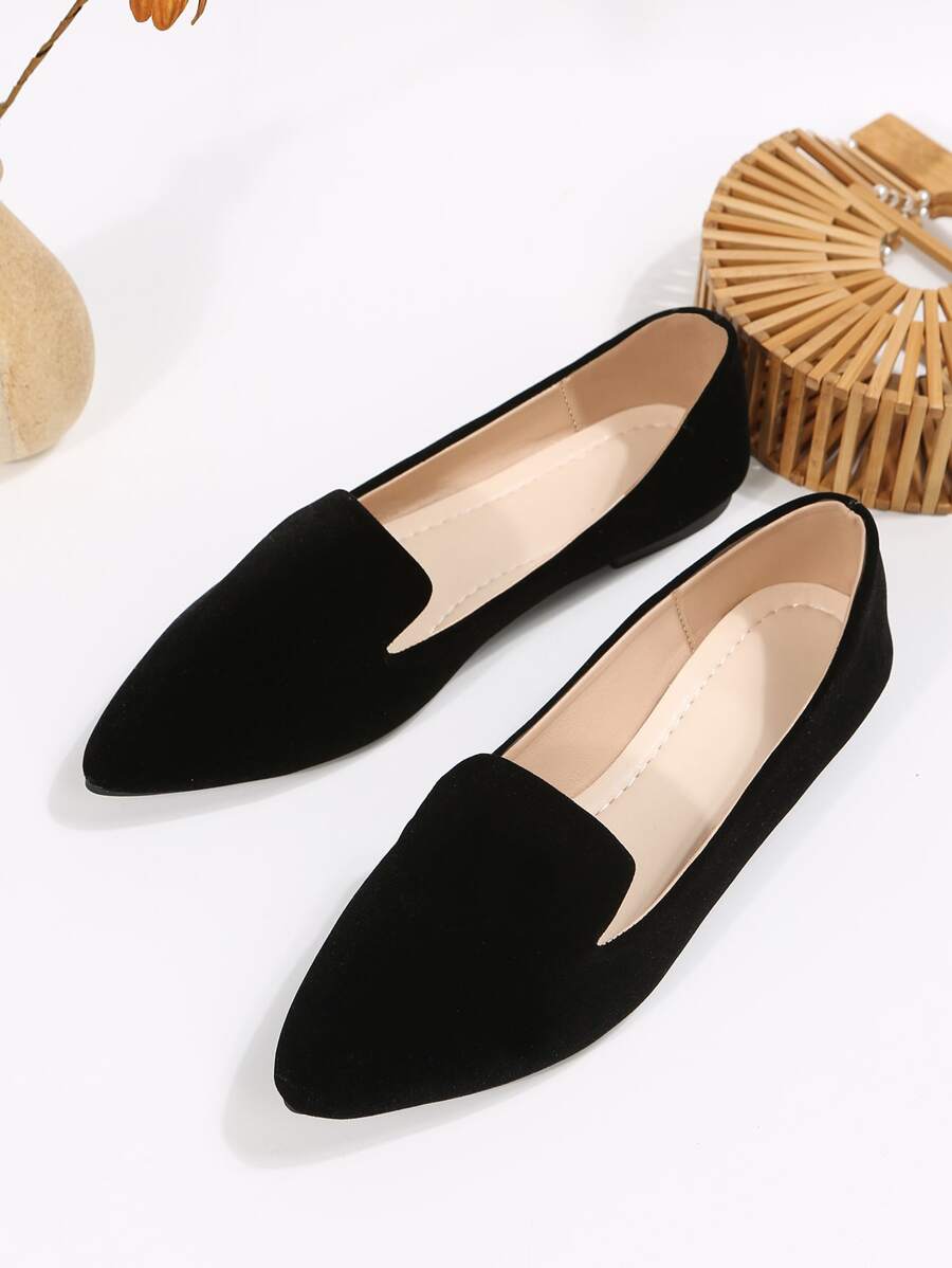 Women's Elegant Black Solid Color Loafers, Pointed Faux Suede Flat Shoes - Black - View 1