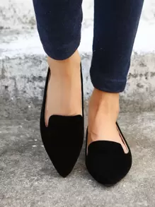 Women's Elegant Black Solid Color Loafers, Pointed Faux Suede Flat Shoes - Black - View 3