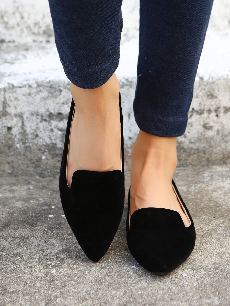 尖頭仿麂皮平底樂福鞋 - 黑色 - 查看 1