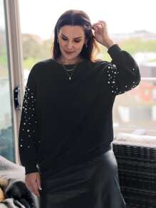 EMERY ROSE Plus Pearls Detail Drop Shoulder Sweatshirt - Black - View 5