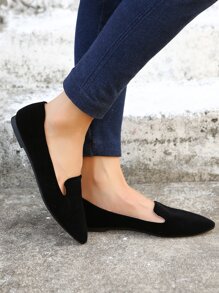 Women's Elegant Black Solid Color Loafers, Pointed Faux Suede Flat Shoes - Black - View 4