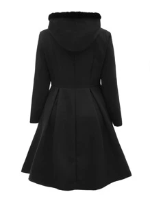 SHEIN Clasi Plus Fuzzy Trim Hooded Pea Coat - Black - View 2
