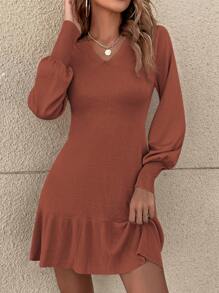 SHEIN Unity Bishop Sleeve Ruffle Hem Sweater Dress - Rust Brown - View 4