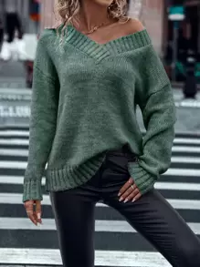 SHEIN LUNE Jersey de hombros caídos tejido jaspeado - Verde - Ver 1