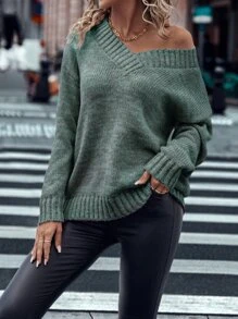 SHEIN LUNE Jersey de hombros caídos tejido jaspeado - Verde - Ver 3