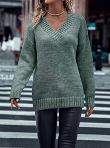 SHEIN LUNE Jersey de hombros caídos tejido jaspeado - Verde - Ver 4