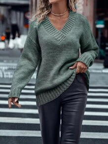 SHEIN LUNE Jersey de hombros caídos tejido jaspeado - Verde - Ver 5