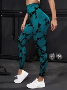 Easithlete Tie Dye Yoga Tights Quần legging phòng tập thể dục kiểm soát vùng bụng co giãn cao - Màu xanh Cadet - Xem 3