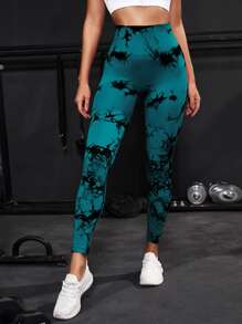 Easithlete Tie Dye Yoga Tights Quần legging phòng tập thể dục kiểm soát vùng bụng co giãn cao - Màu xanh Cadet - Xem 5