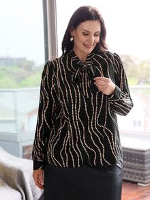 EMERY ROSE Plus Striped Tie Neck Blouse - Black - View 3