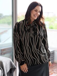 EMERY ROSE Plus Striped Tie Neck Blouse - Black - View 4