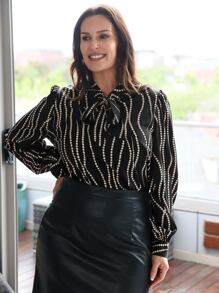 EMERY ROSE Plus Striped Tie Neck Blouse - Black - View 5