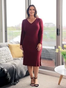 EMERY ROSE Đầm Plus Size Chia Gân đan màu trơn Giải trí - Màu Đỏ Sâu - Xem 3