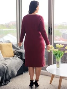 EMERY ROSE Đầm Plus Size Chia Gân đan màu trơn Giải trí - Màu Đỏ Sâu - Xem 2