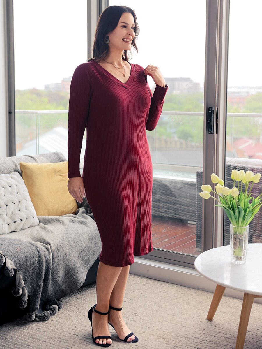 EMERY ROSE Đầm Plus Size Chia Gân đan màu trơn Giải trí - Màu Đỏ Sâu - Xem 1