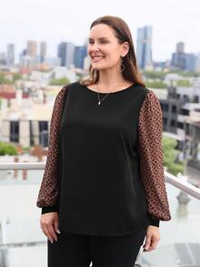 EMERY ROSE Blusa con estampado geométrico de manga farol - Negro - Ver 5