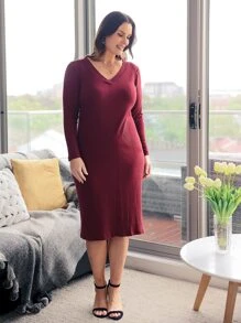 EMERY ROSE Đầm Plus Size Chia Gân đan màu trơn Giải trí - Màu Đỏ Sâu - Xem 5