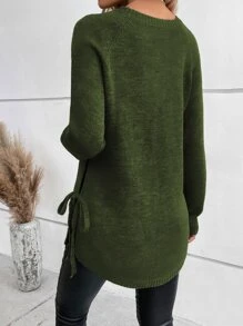 SHEIN LUNE Raglan Sleeve Knot Side Jumper - Olive Green - View 2