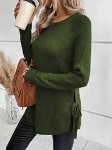 SHEIN LUNE Raglan Sleeve Knot Side Jumper - Olive Green - View 3