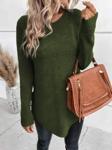 SHEIN LUNE Raglan Sleeve Knot Side Jumper - Olive Green - View 5