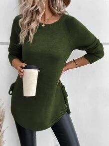 SHEIN LUNE Raglan Sleeve Knot Side Jumper - Olive Green - View 6