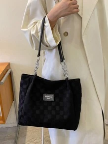 Của phụ nữ tranh sơn dầu Giải trí Dung lượng lớn Túi tote đeo vai Túi Satchel Bàn cờ Mẫu Thư Patch trang trí Túi tote đeo vai - màu đen - Xem 2