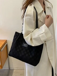 Của phụ nữ tranh sơn dầu Giải trí Dung lượng lớn Túi tote đeo vai Túi Satchel Bàn cờ Mẫu Thư Patch trang trí Túi tote đeo vai - màu đen - Xem 3