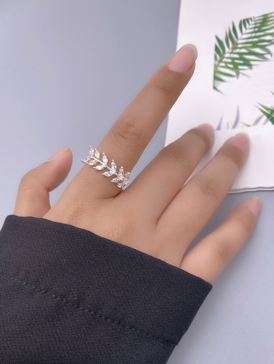 1PC Đá Cubic Zirconia Lá Trang Trí Nhẫn Đồng Trang Sức - Bạc - Xem 1