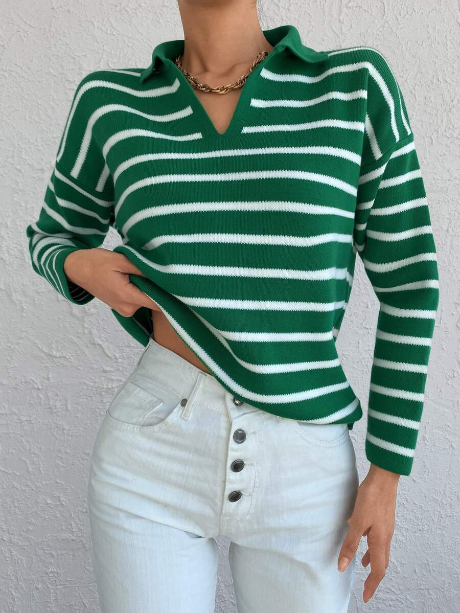 EURMUSE Striped Pattern Drop Shoulder Sweater - Green - View 1