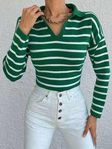 EURMUSE Striped Pattern Drop Shoulder Sweater - Green - View 3