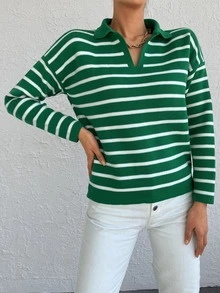 EURMUSE Striped Pattern Drop Shoulder Sweater - Green - View 4