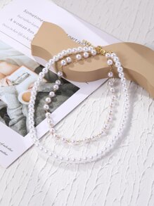 Faux Pearl Beaded Layered Necklace - Multicolor - View 1