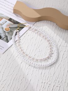 Faux Pearl Beaded Layered Necklace - Multicolor - View 4