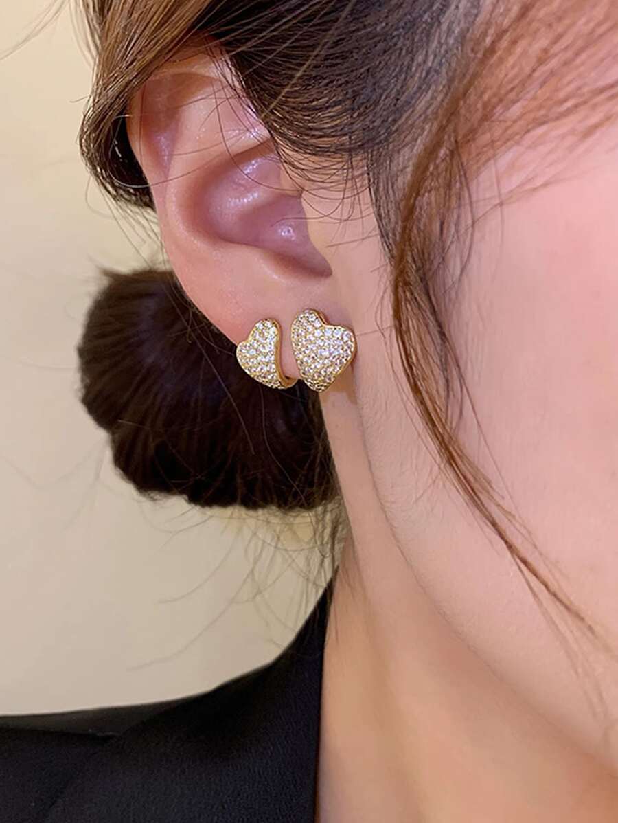 Rhinestone Heart Decor Stud Earrings - Yellow Gold - View 1