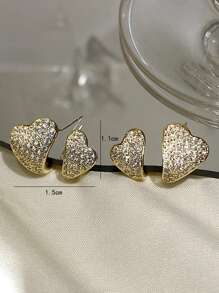 Rhinestone Heart Decor Stud Earrings - Yellow Gold - View 3