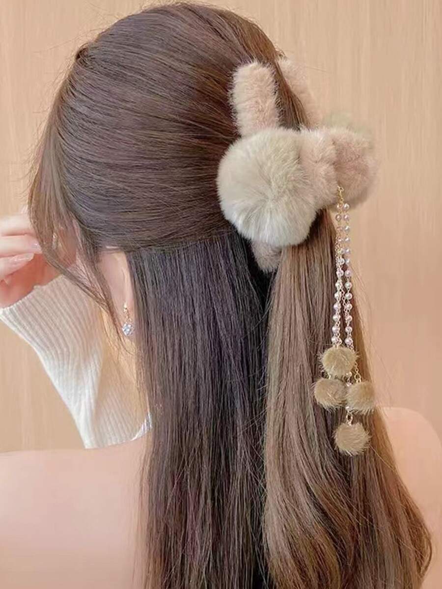 Pom Pom Charm Fluffy Hair Claw - Multicolor - View 1