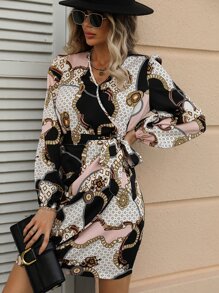 SHEIN Clasi 錬條圖案燈籠袖前打結圍裹連衣裙不附腰帶