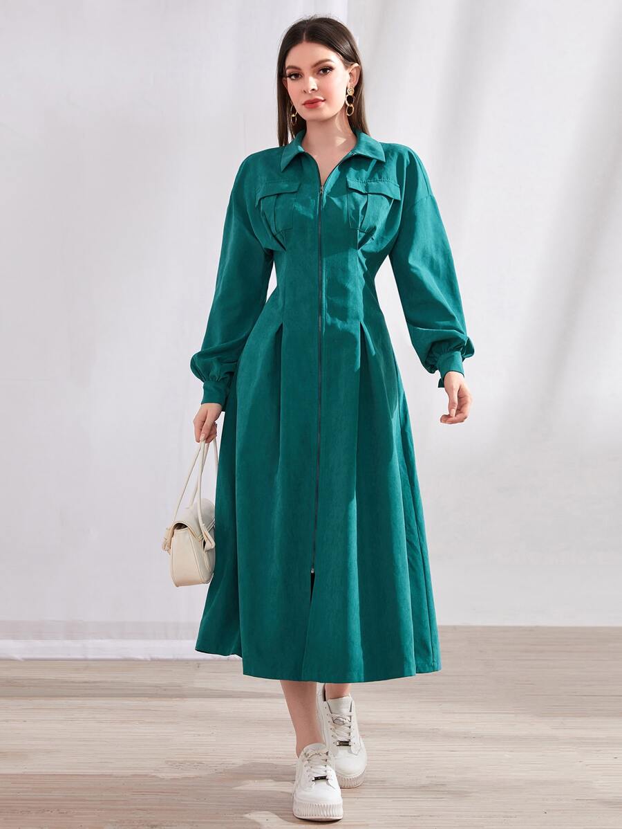 Mulvari 翻蓋口袋燈籠袖褶皺下擺拉鏈開襟洋裝 - 水鴨藍 - 查看 1