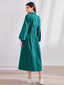 Mulvari 翻蓋口袋燈籠袖褶皺下擺拉鏈開襟洋裝 - 水鴨藍 - 查看 2