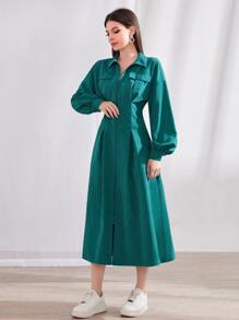 Mulvari 翻蓋口袋燈籠袖褶皺下擺拉鏈開襟洋裝 - 水鴨藍 - 查看 3