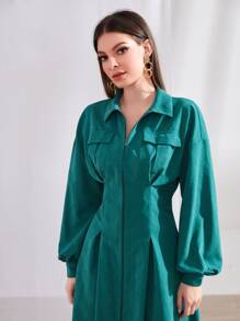 Mulvari 翻蓋口袋燈籠袖褶皺下擺拉鏈開襟洋裝 - 水鴨藍 - 查看 4