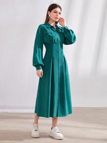 Mulvari 翻蓋口袋燈籠袖褶皺下擺拉鏈開襟洋裝 - 水鴨藍 - 查看 5