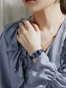 1入Rebirth品牌簡約方形刻度女士手錶，復古時尚休閒女用石英手錶 - 藏蓝色 - 查看 4