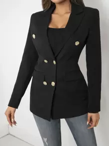 EURMUSE Double Breasted Flap Detail Blazer - Black - View 3